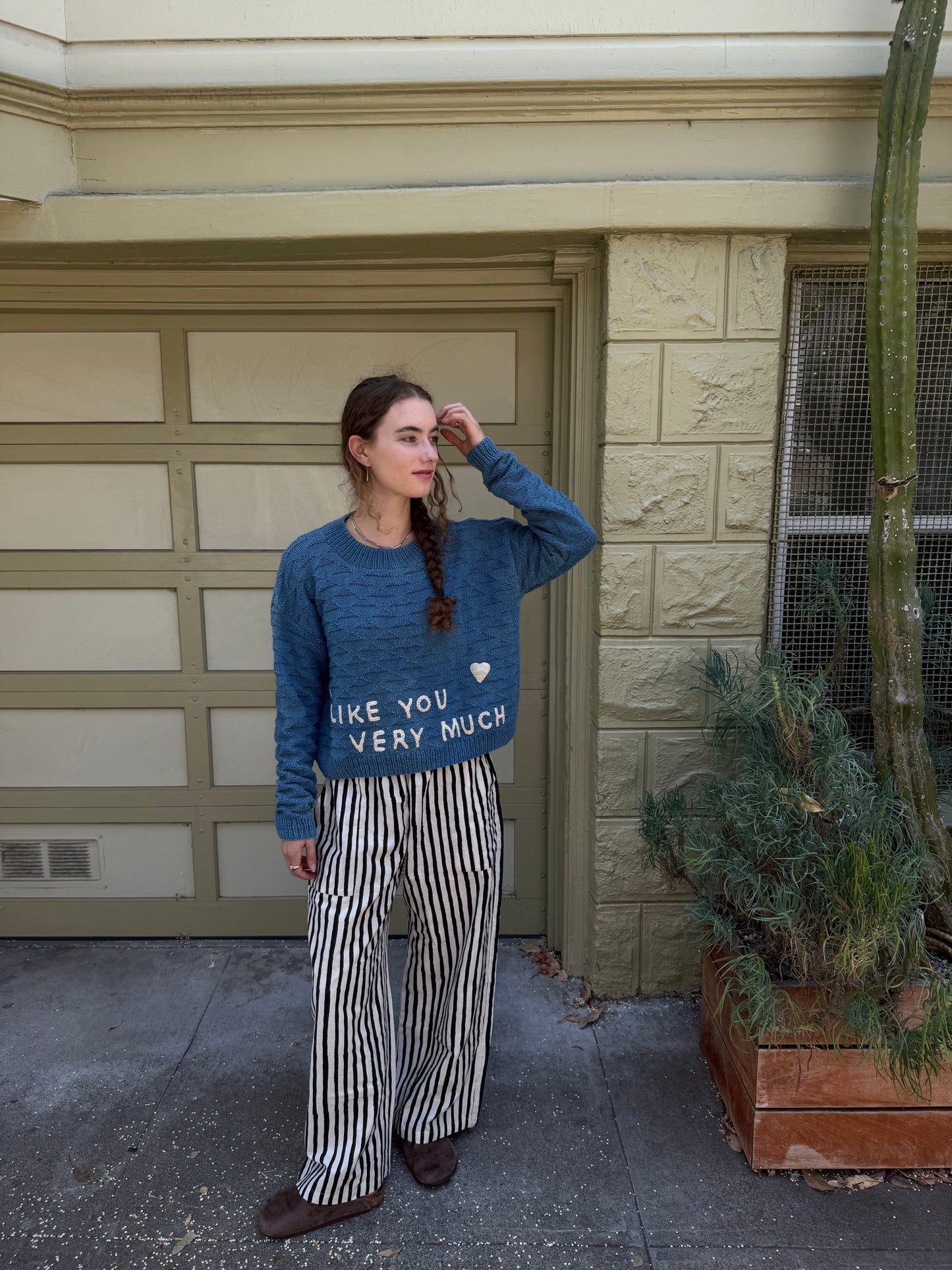 I Like You Very Much Sweater, Hand Knit & Natural Dyes & Crochet Appliqué