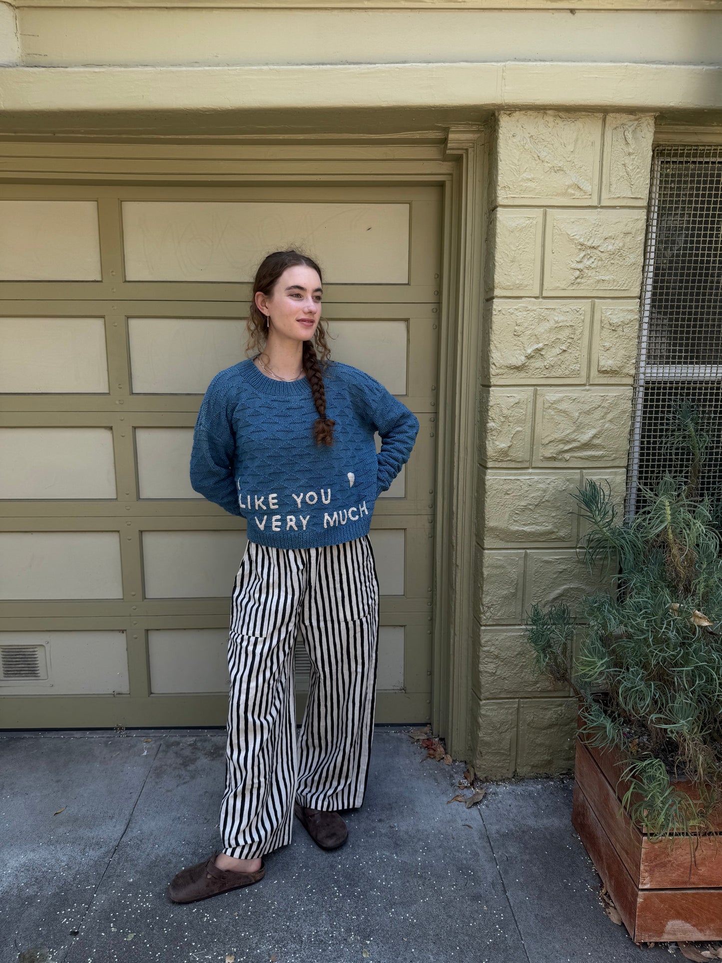 I Like You Very Much Sweater, Hand Knit & Natural Dyes & Crochet Appliqué