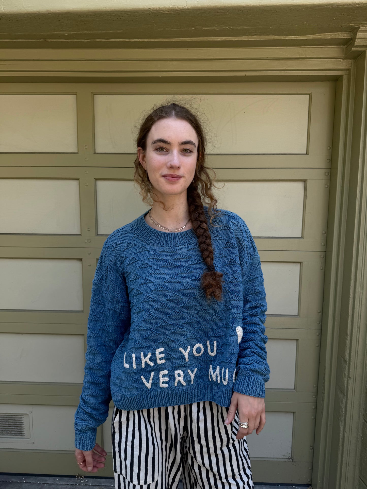 I Like You Very Much Sweater, Hand Knit & Natural Dyes & Crochet Appliqué