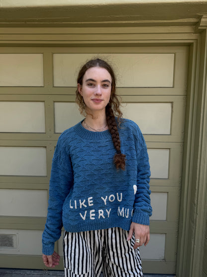 I Like You Very Much Sweater, Hand Knit & Natural Dyes & Crochet Appliqué