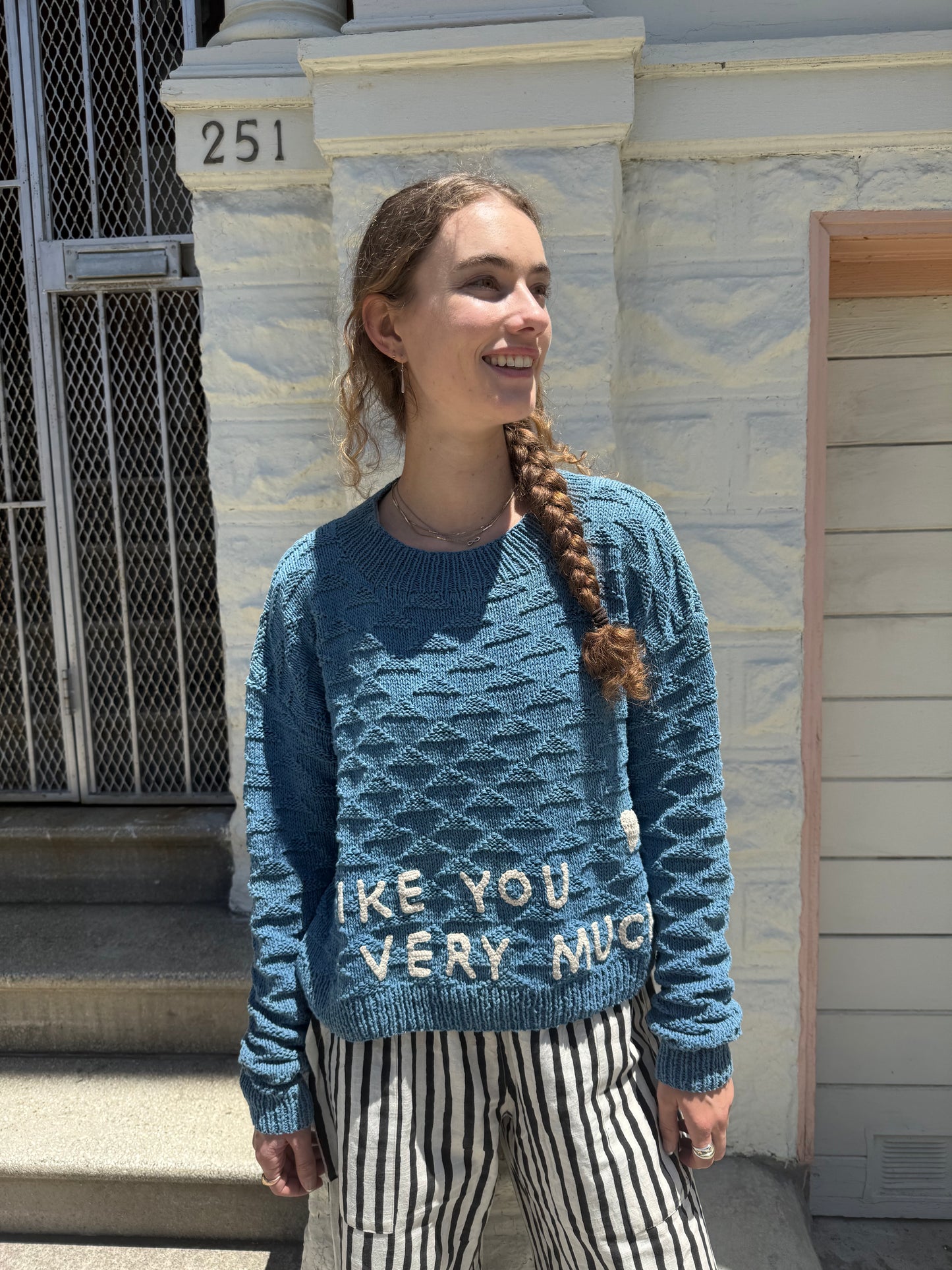 I Like You Very Much Sweater, Hand Knit & Natural Dyes & Crochet Appliqué