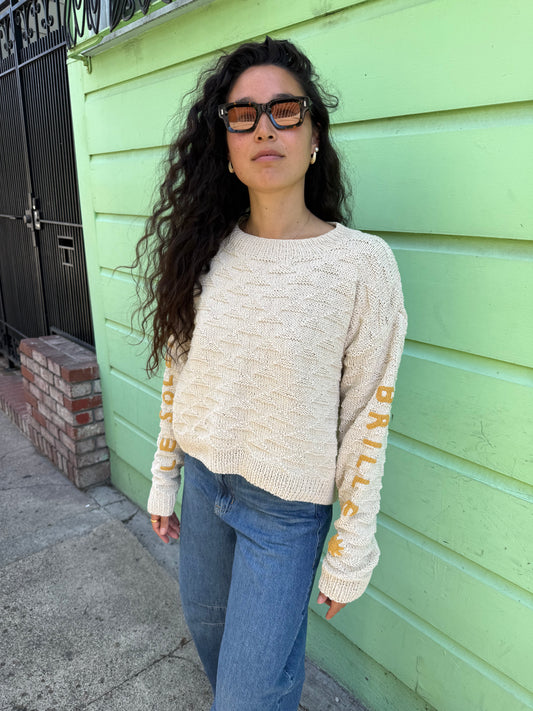 Le Soleil Brille Sweater, Hand Knit & Natural Dyes & Crochet Appliqué