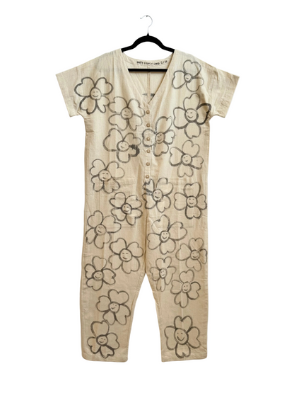 #122 Hand-painted Short Sleeve Natural Jumpsuit S/M - Les Fleurs