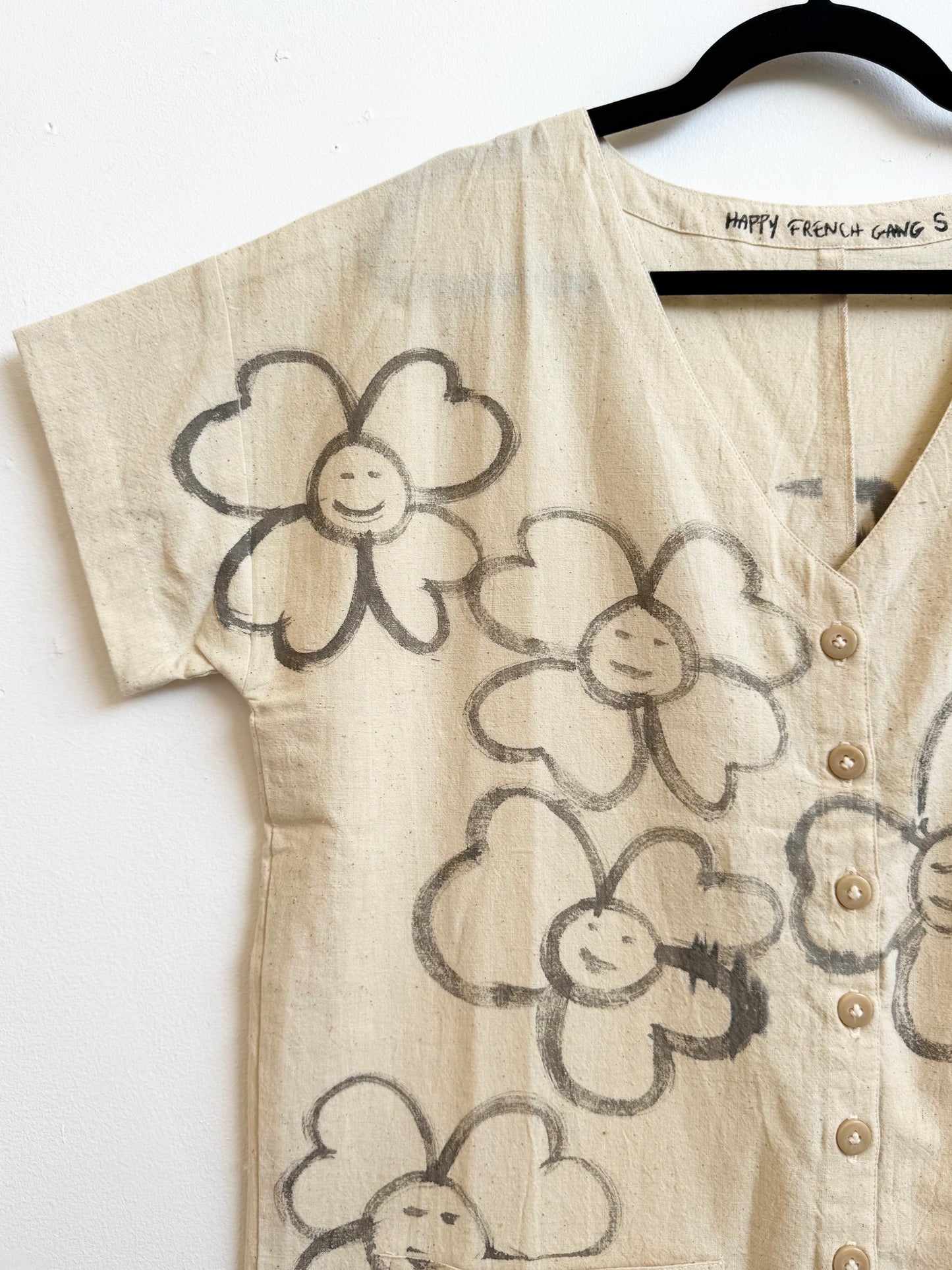 #122 Hand-painted Short Sleeve Natural Jumpsuit S/M - Les Fleurs