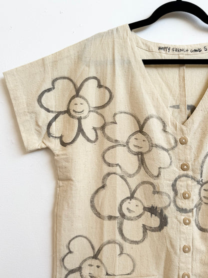 #122 Hand-painted Short Sleeve Natural Jumpsuit S/M - Les Fleurs