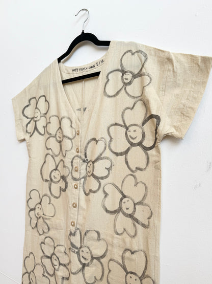#122 Hand-painted Short Sleeve Natural Jumpsuit S/M - Les Fleurs