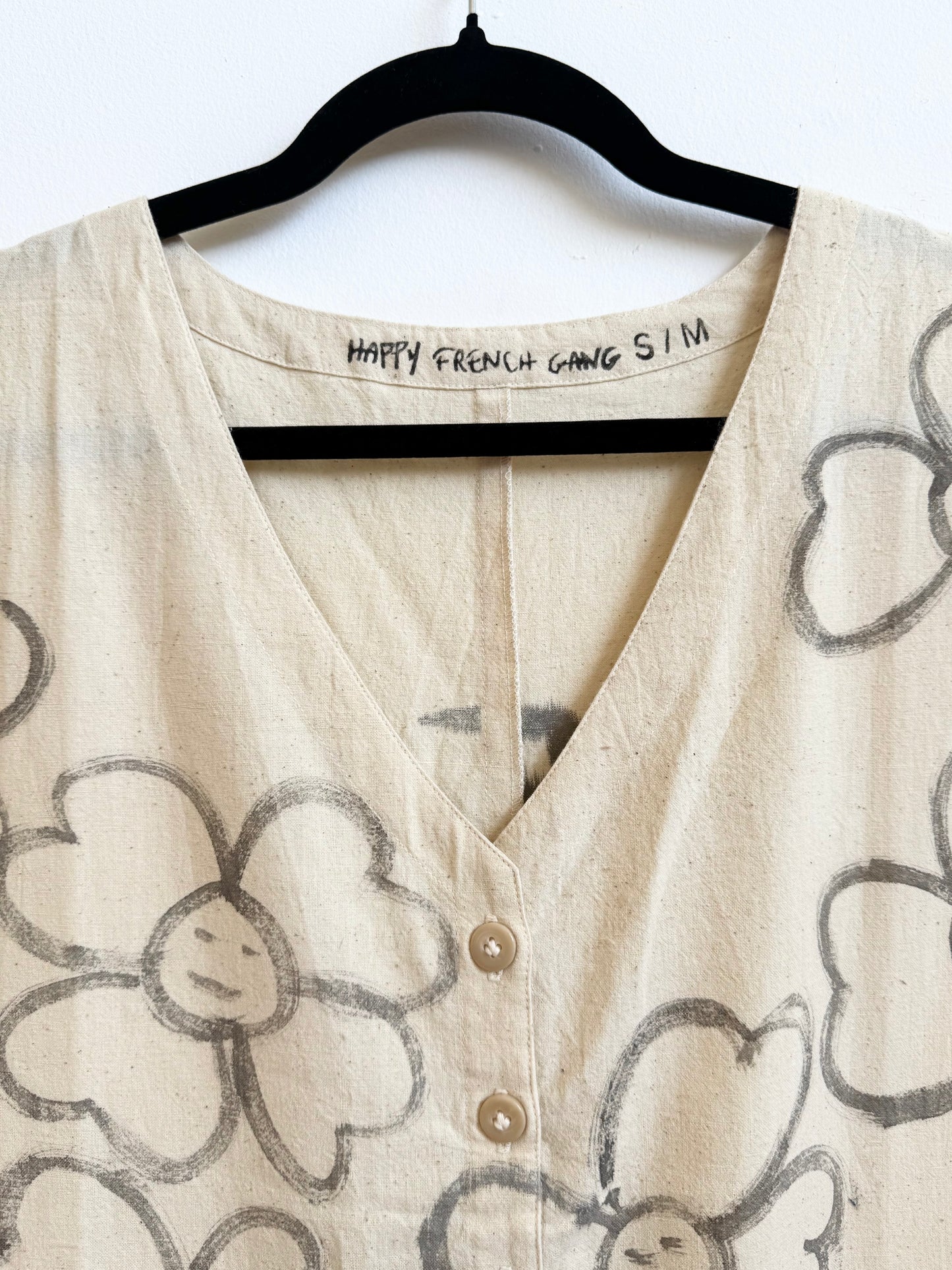 #122 Hand-painted Short Sleeve Natural Jumpsuit S/M - Les Fleurs