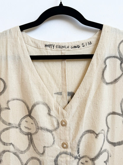 #122 Hand-painted Short Sleeve Natural Jumpsuit S/M - Les Fleurs