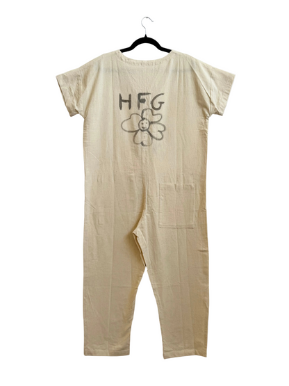 #122 Hand-painted Short Sleeve Natural Jumpsuit S/M - Les Fleurs