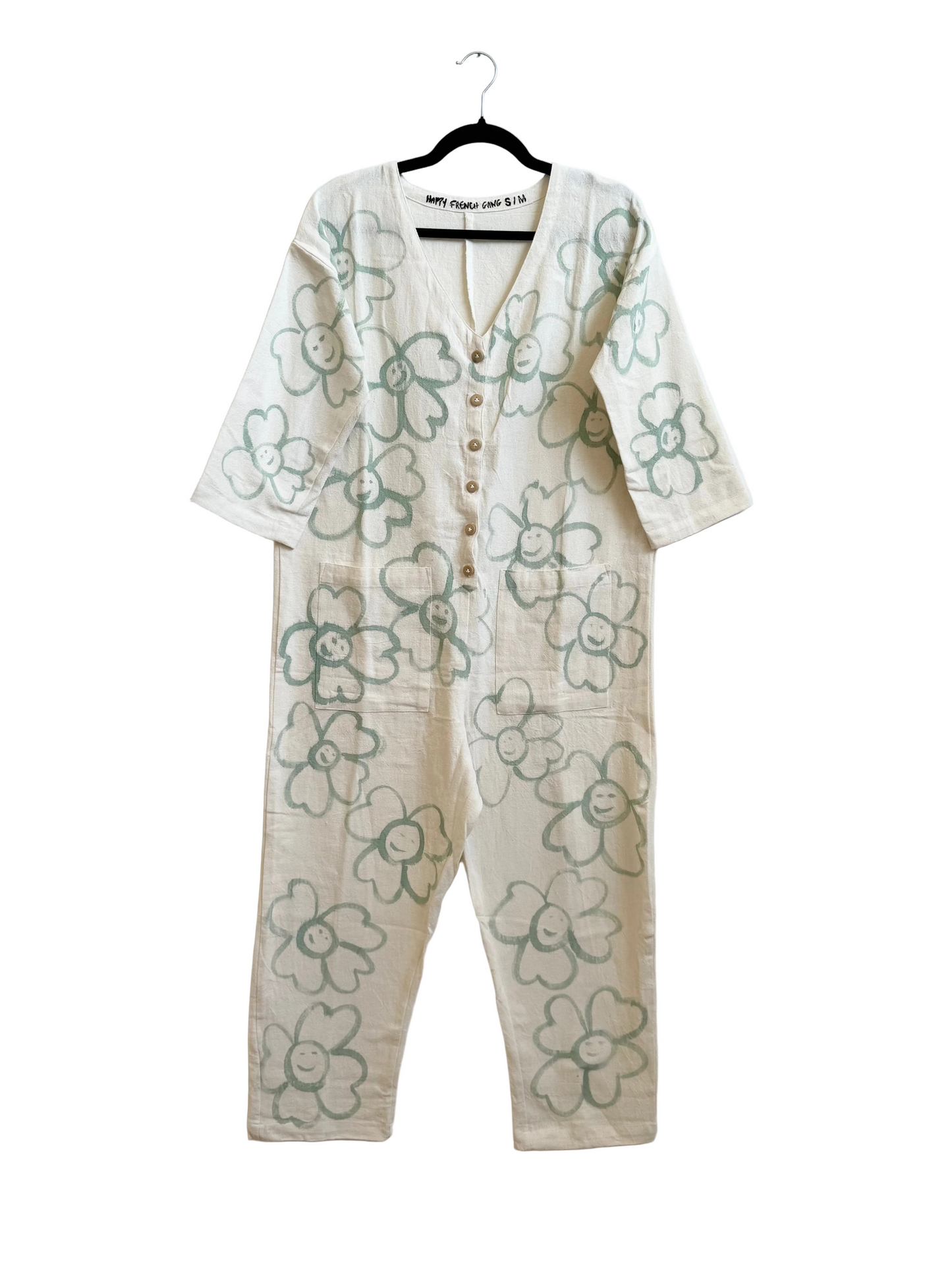 #123 Hand-painted Jumpsuit White S/M - Les Fleurs
