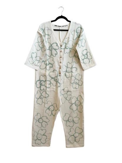 #123 Hand-painted Jumpsuit White S/M - Les Fleurs