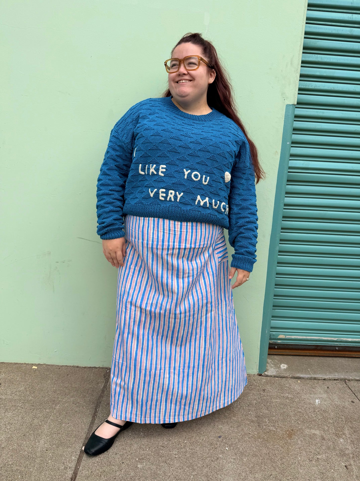 I Like You Very Much Sweater, Hand Knit & Natural Dyes & Crochet Appliqué