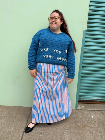 I Like You Very Much Sweater, Hand Knit & Natural Dyes & Crochet Appliqué