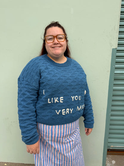 I Like You Very Much Sweater, Hand Knit & Natural Dyes & Crochet Appliqué