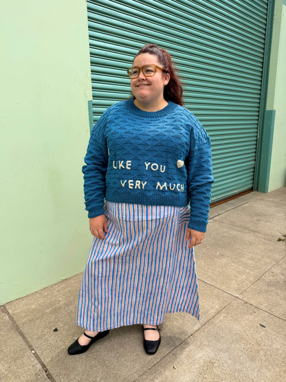 I Like You Very Much Sweater, Hand Knit & Natural Dyes & Crochet Appliqué