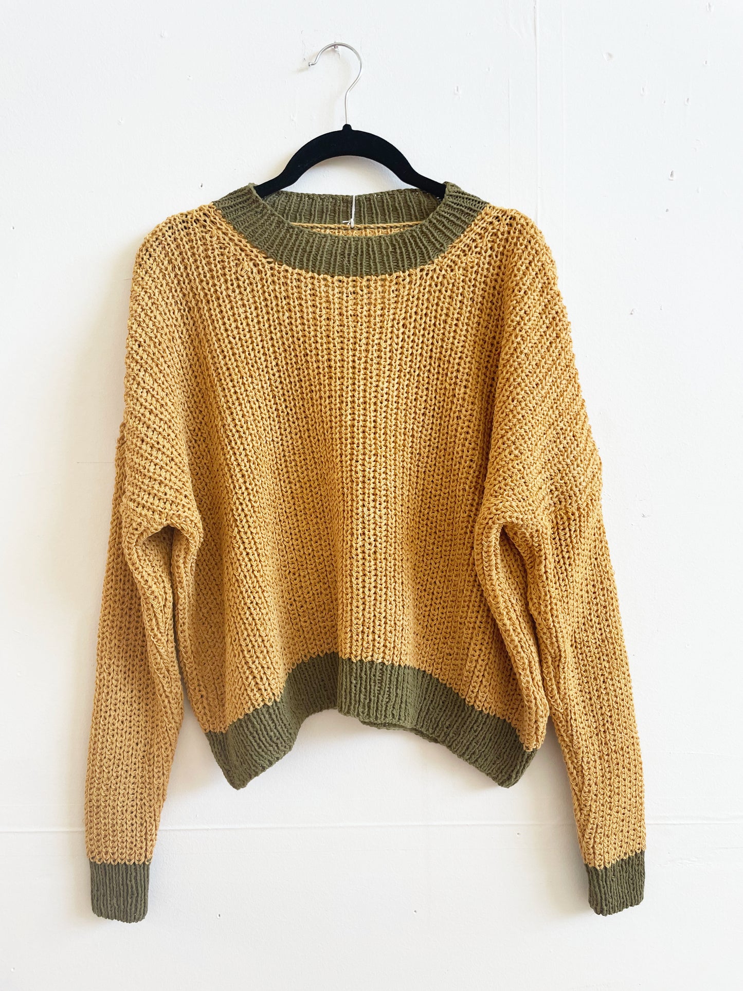 Mustard & Green Chunky Sweater, Hand Knit & Natural Dyes