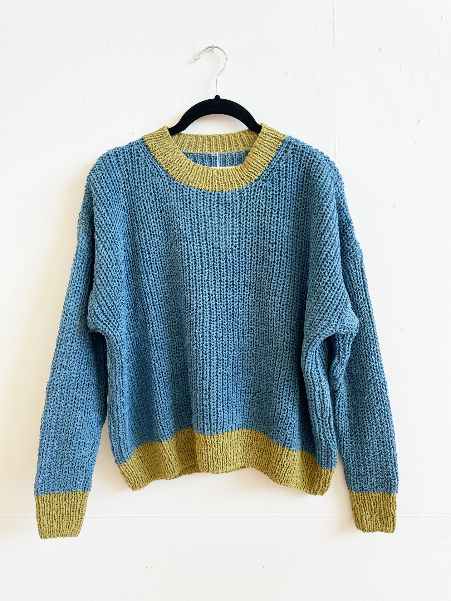 Blue & Green Chunky Sweater, Hand Knit & Natural Dyes