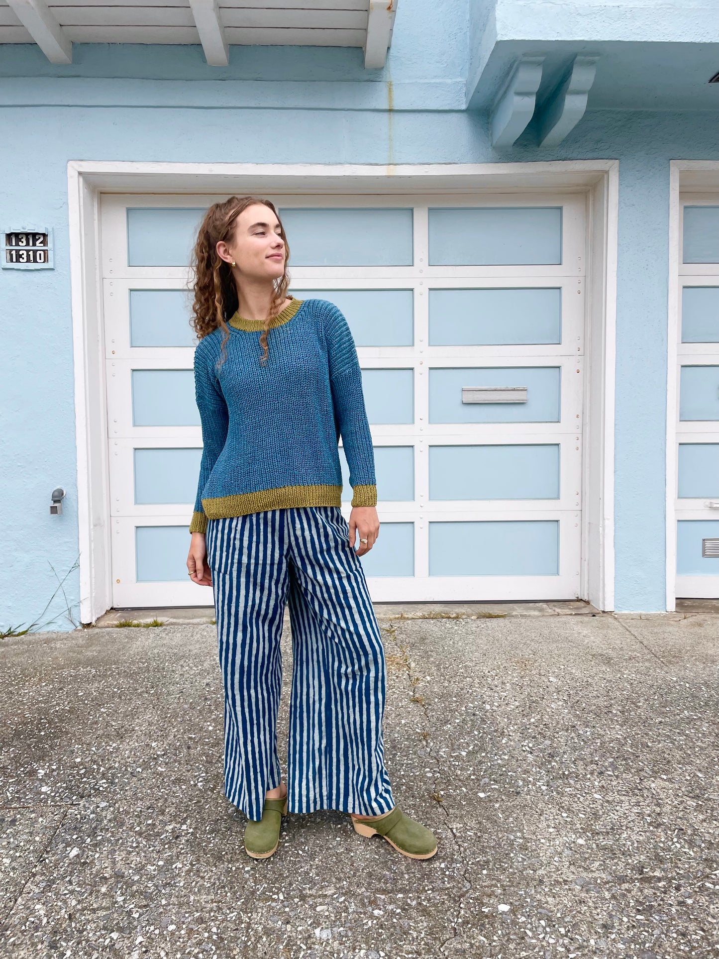 Blue & Green Chunky Sweater, Hand Knit & Natural Dyes