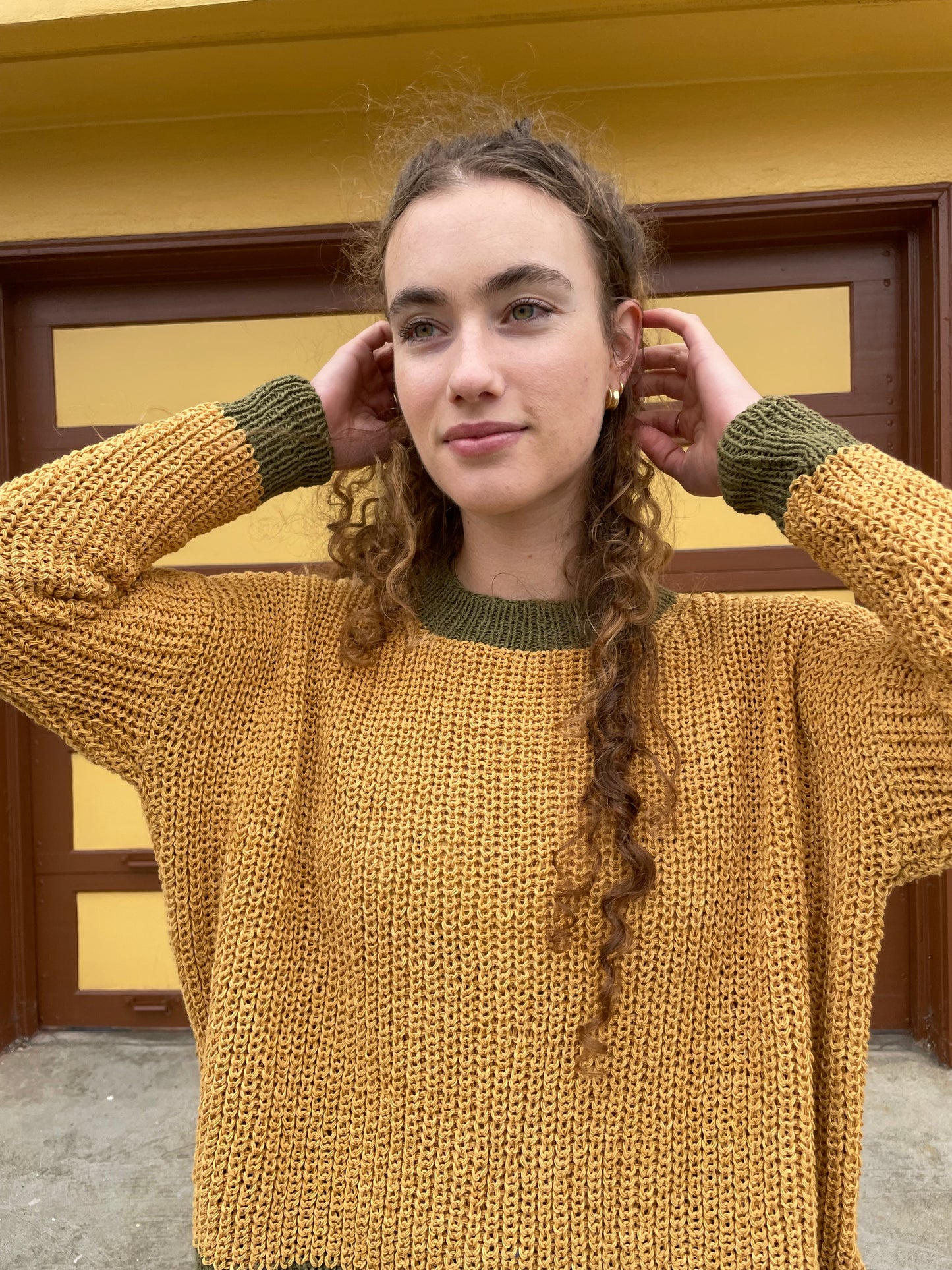 Mustard & Green Chunky Sweater, Hand Knit & Natural Dyes