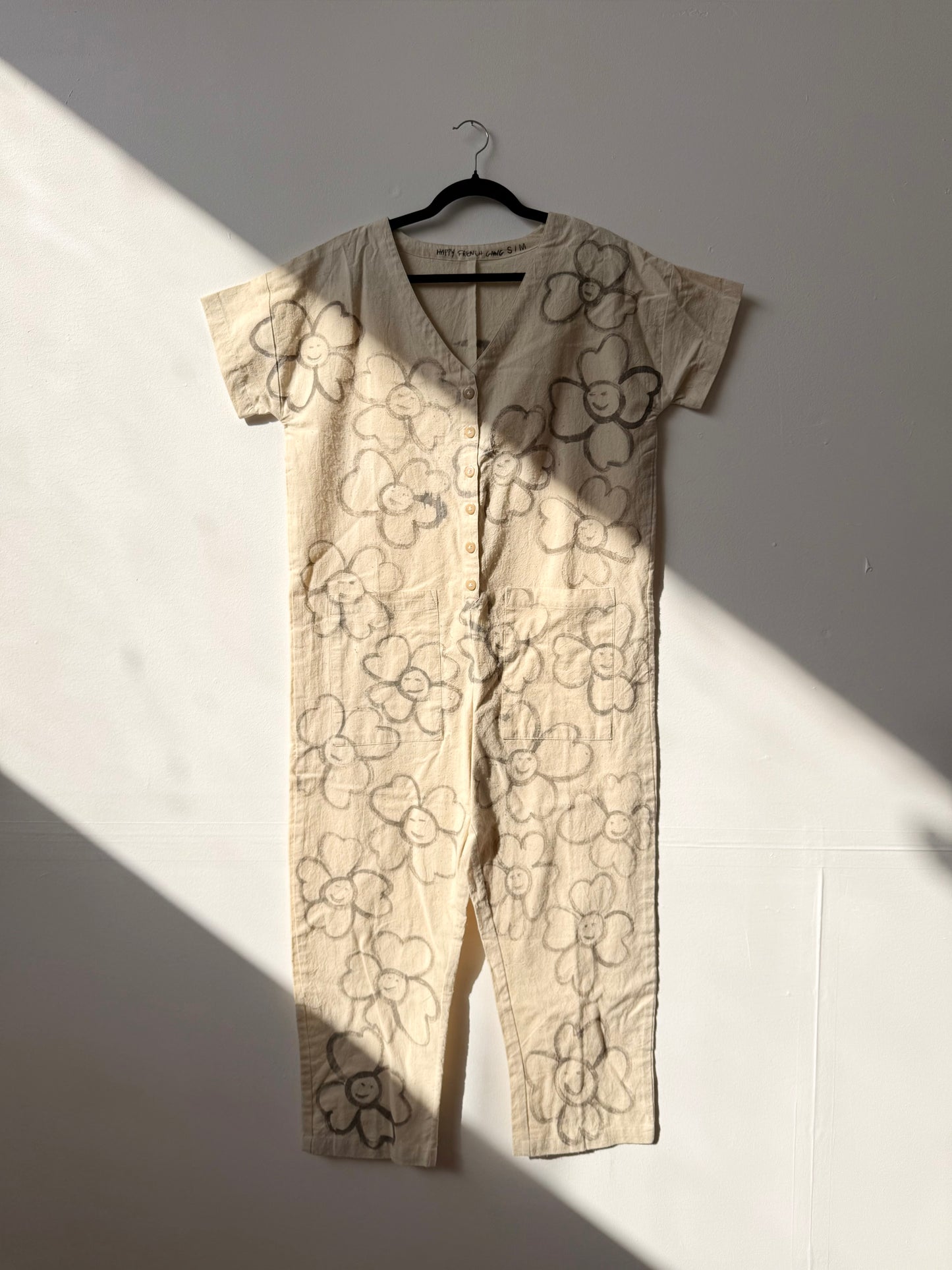 #122 Hand-painted Short Sleeve Natural Jumpsuit S/M - Les Fleurs