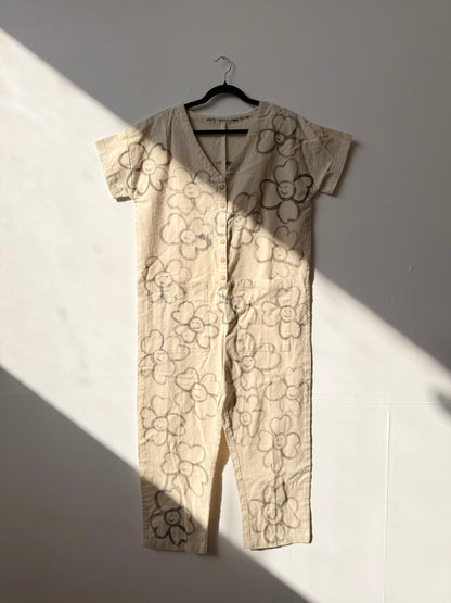 #122 Hand-painted Short Sleeve Natural Jumpsuit S/M - Les Fleurs