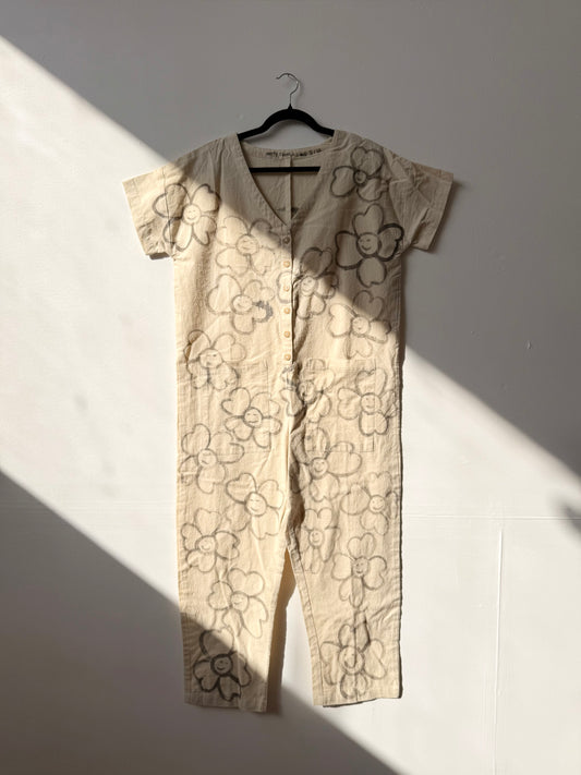 #122 Hand-painted Short Sleeve Natural Jumpsuit S/M - Les Fleurs