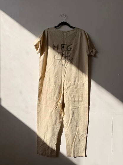 #122 Hand-painted Short Sleeve Natural Jumpsuit S/M - Les Fleurs