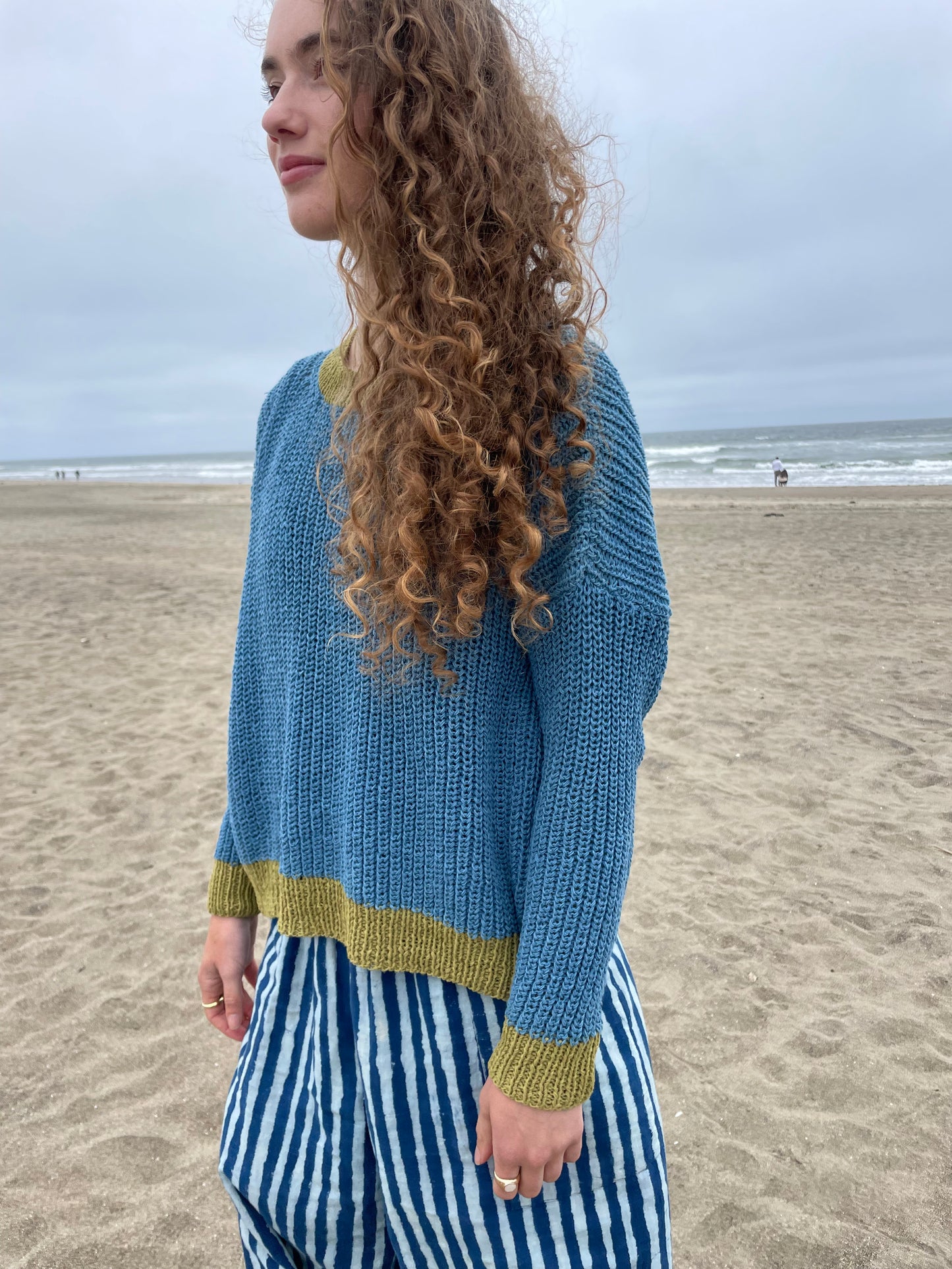 Blue & Green Chunky Sweater, Hand Knit & Natural Dyes