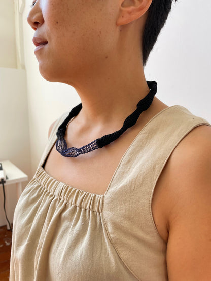 Blue Accent Wave Necklace - Cotton & Metal